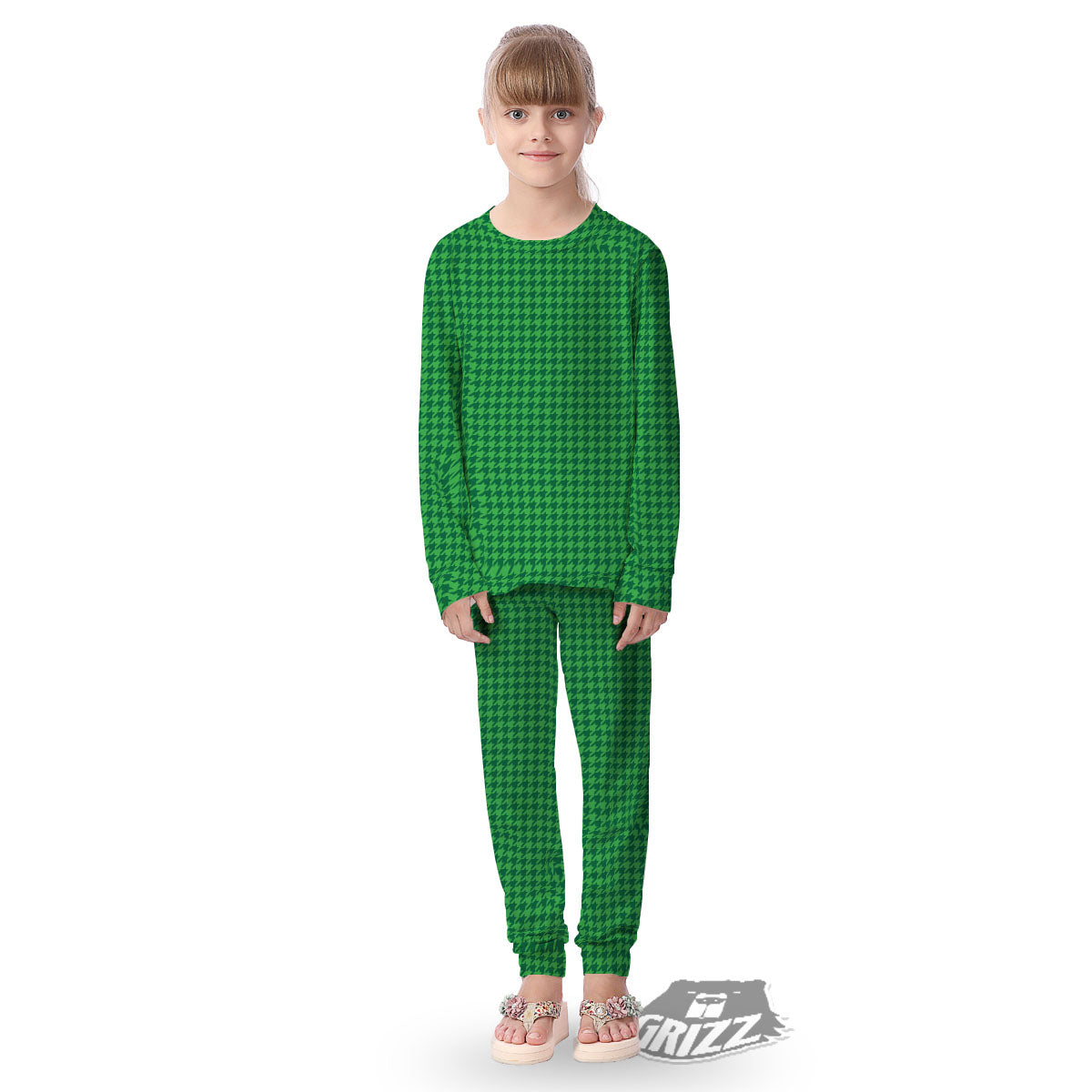 Houndstooth Green Print Pattern Kid's Pajamas-grizzshop