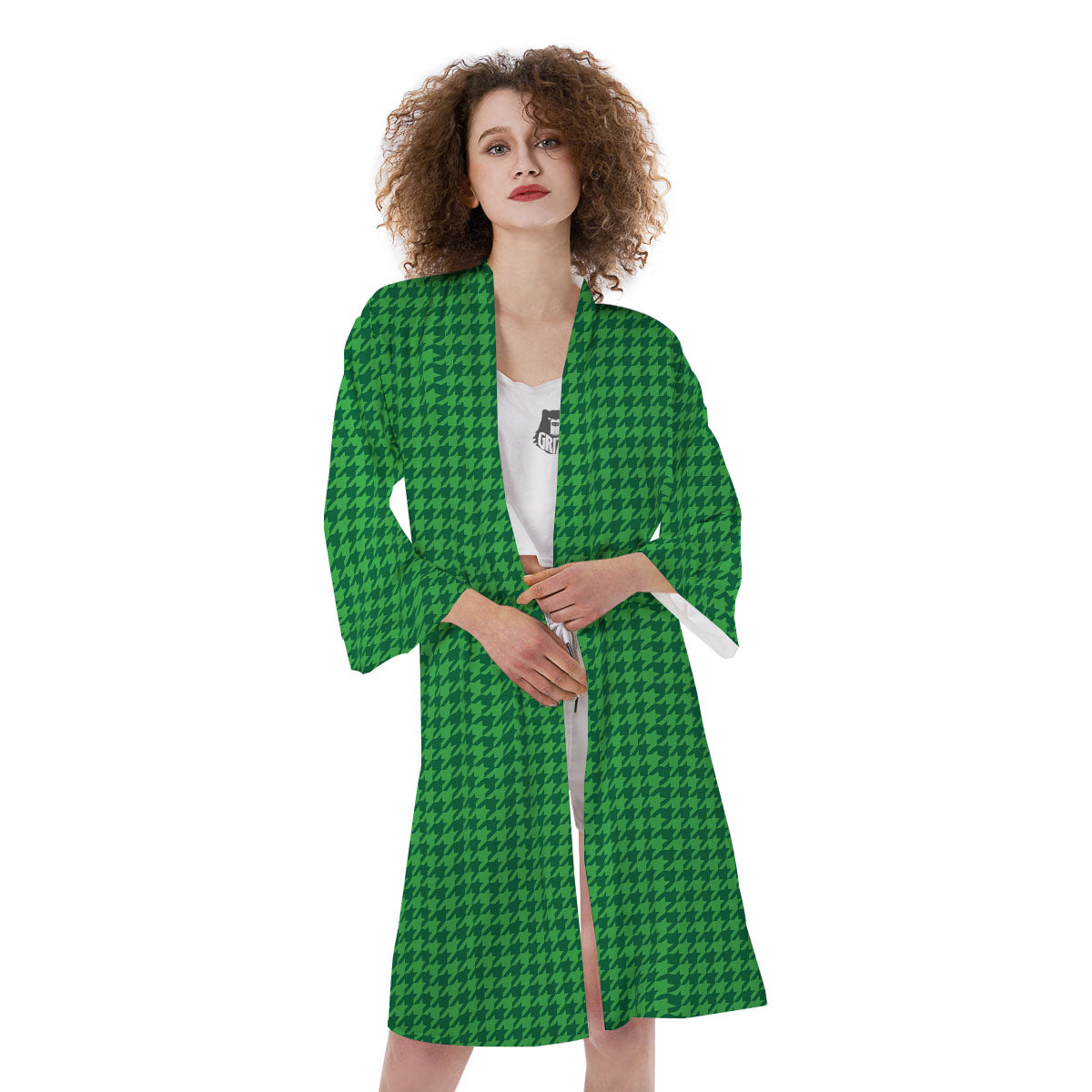 Houndstooth Green Print Pattern Kimono-grizzshop