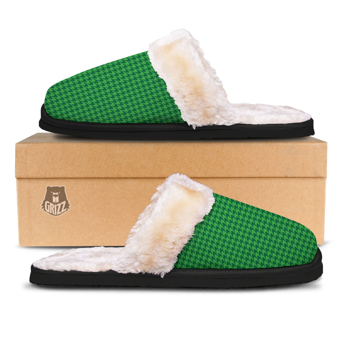 Houndstooth Green Print Pattern Slippers-grizzshop