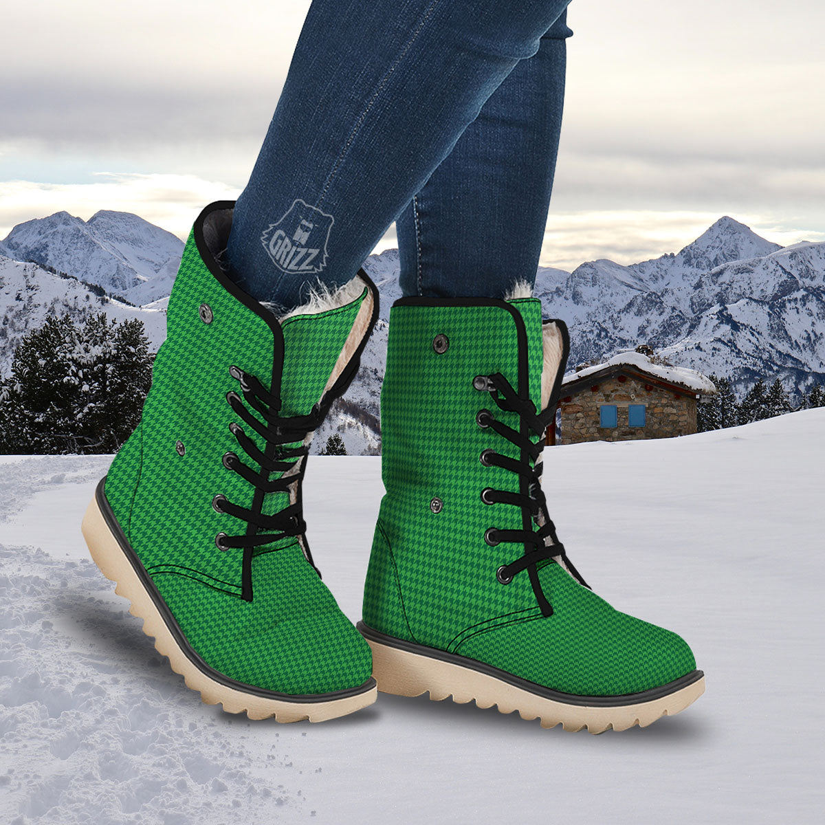 Houndstooth Green Print Pattern Snow Boots-grizzshop