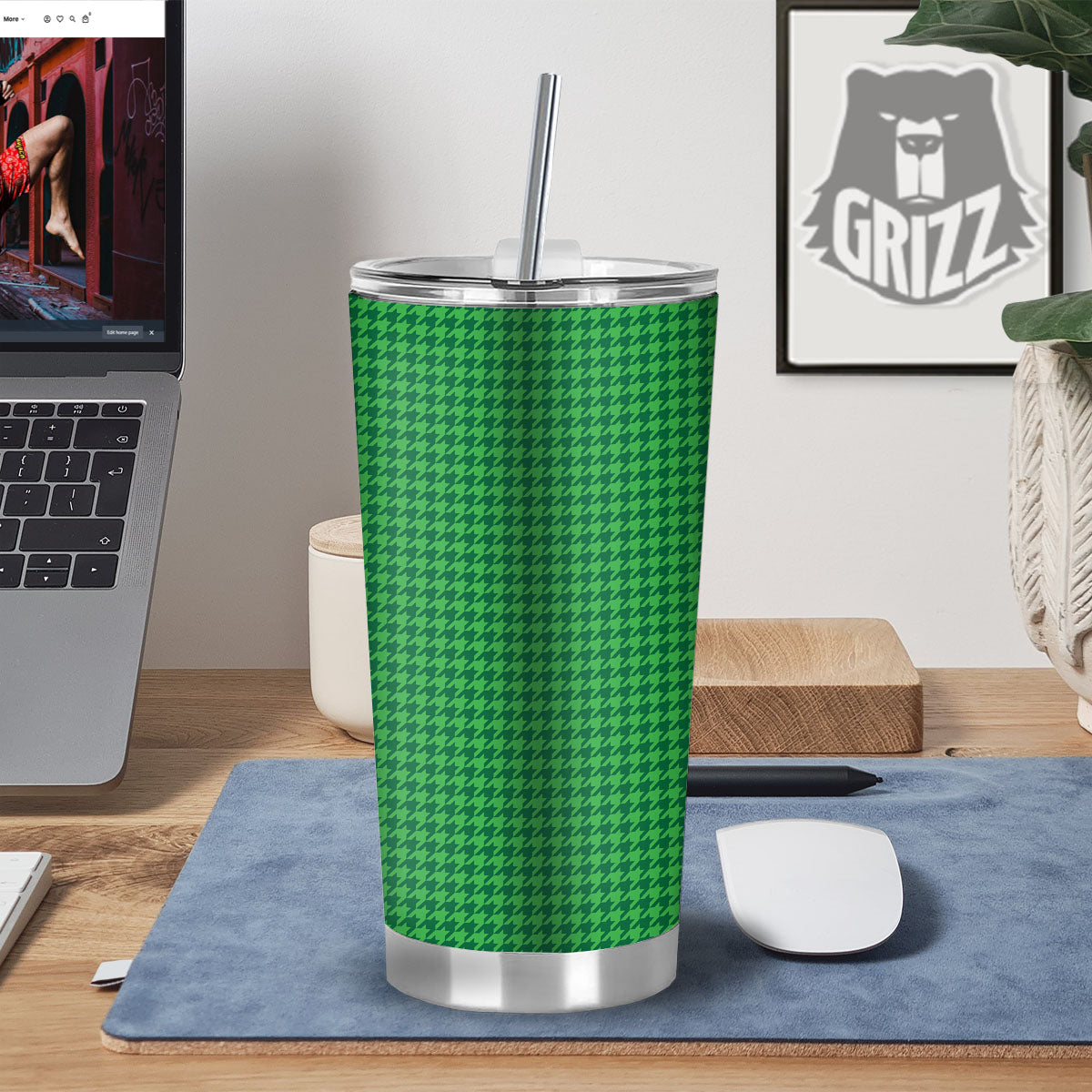 Houndstooth Green Print Pattern Tumbler-grizzshop