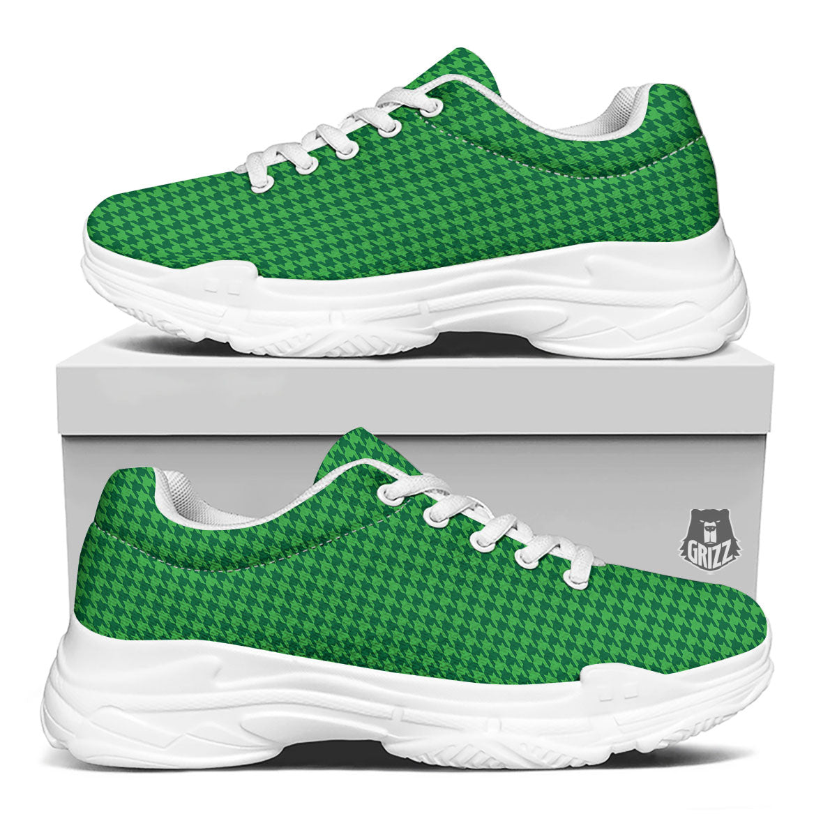 Houndstooth Green Print Pattern White Chunky Shoes-grizzshop