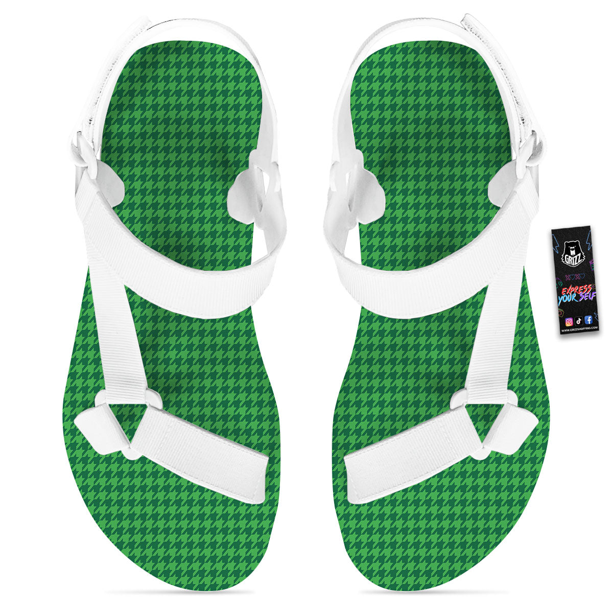 Houndstooth Green Print Pattern White Open Toe Sandals-grizzshop