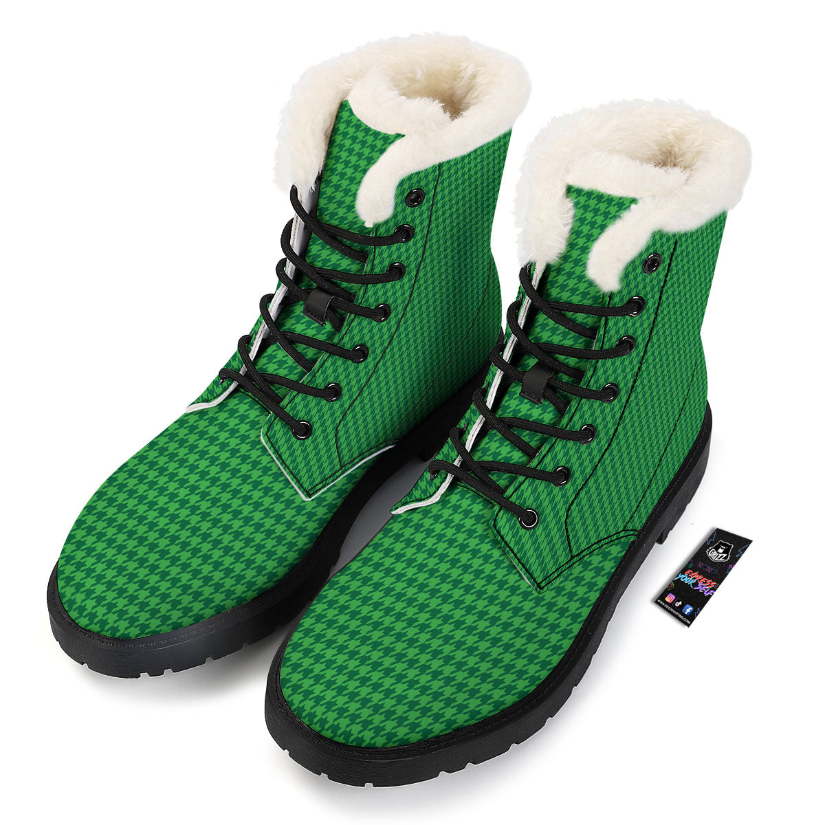 Houndstooth Green Print Pattern Winter Boots-grizzshop