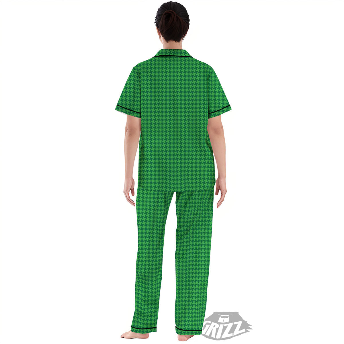 Houndstooth Green Print Pattern Women's Pajamas Set-grizzshop