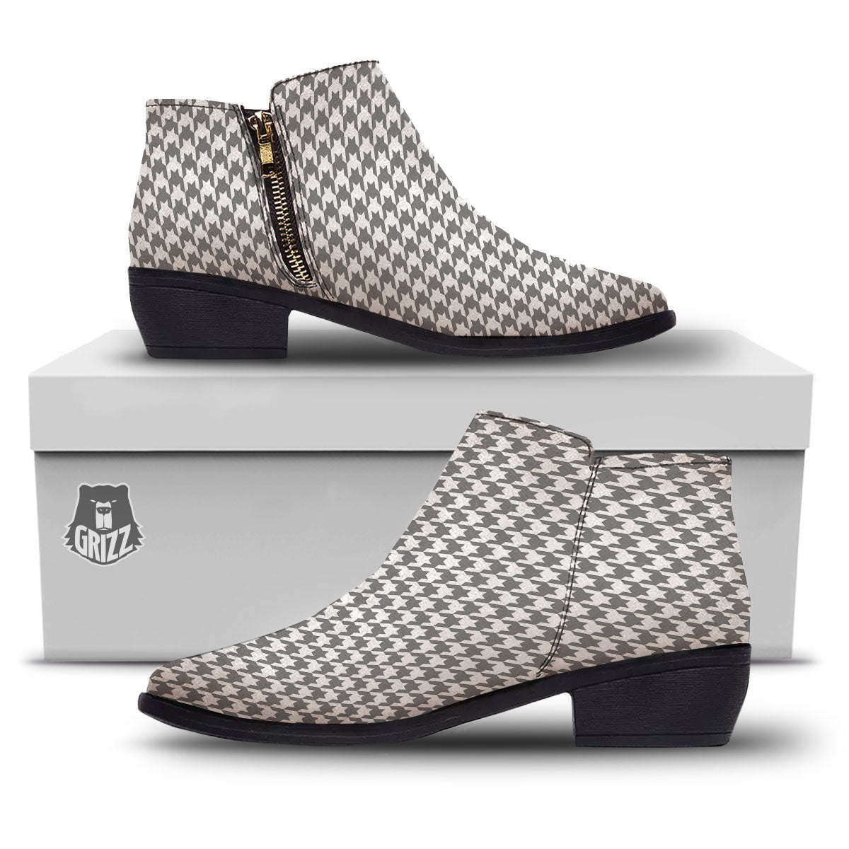 Houndstooth Grey Print Pattern Ankle Boots-grizzshop