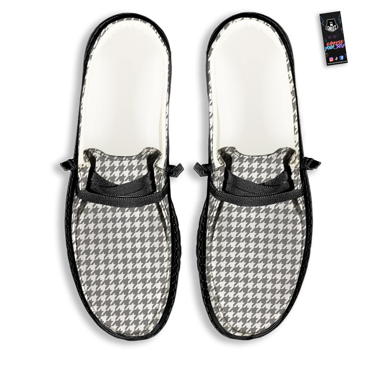 Houndstooth Grey Print Pattern Black Loafers-grizzshop
