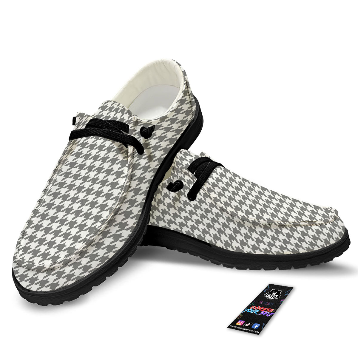 Houndstooth Grey Print Pattern Black Loafers-grizzshop