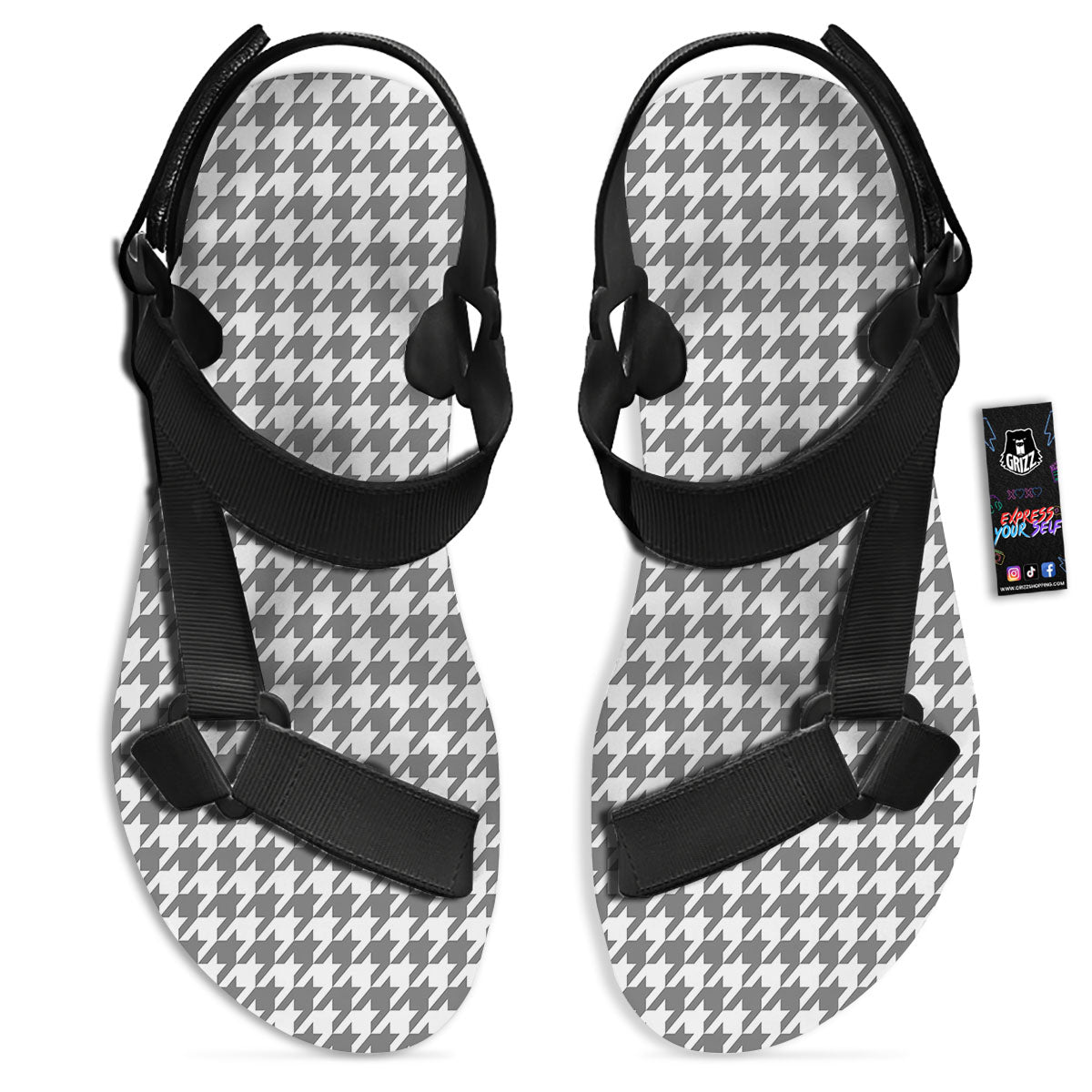 Houndstooth Grey Print Pattern Black Open Toe Sandals-grizzshop