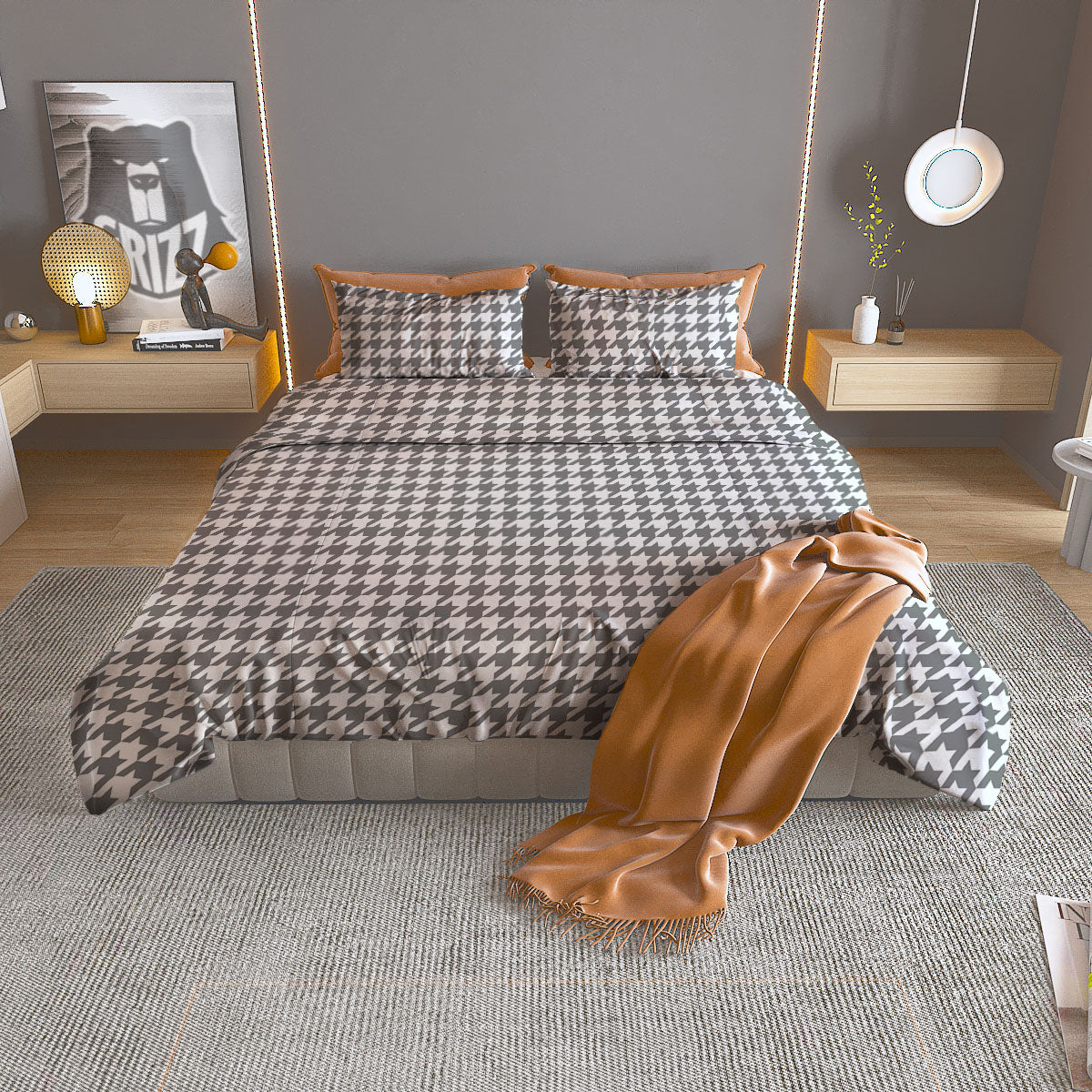 Houndstooth Grey Print Pattern Duvet Cover Bedding Set-grizzshop