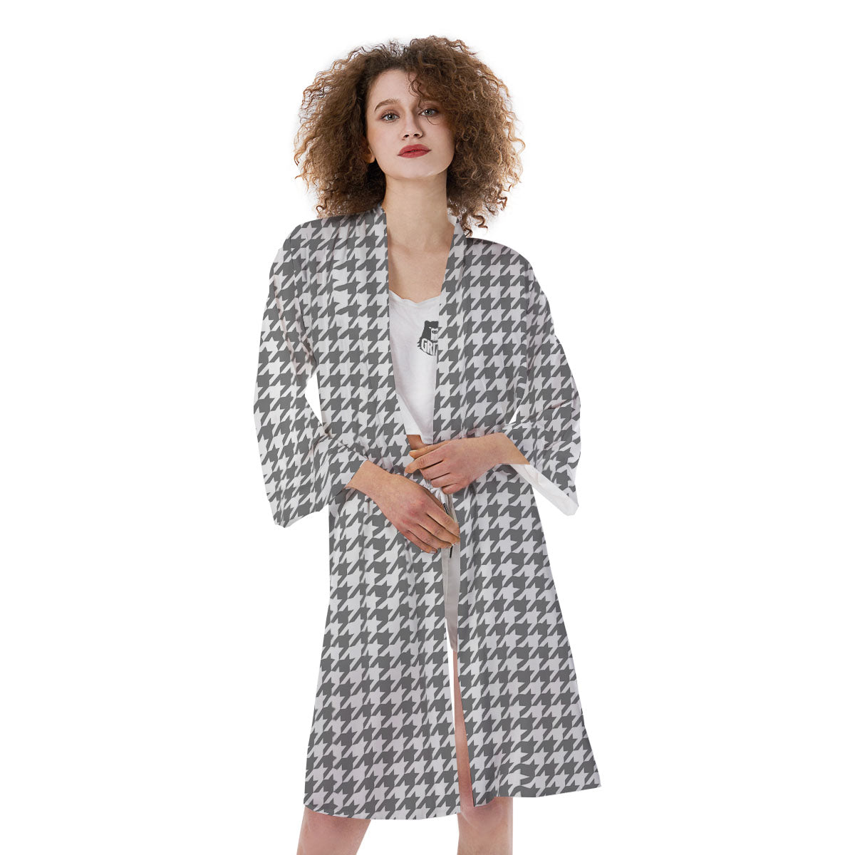 Houndstooth Grey Print Pattern Kimono-grizzshop