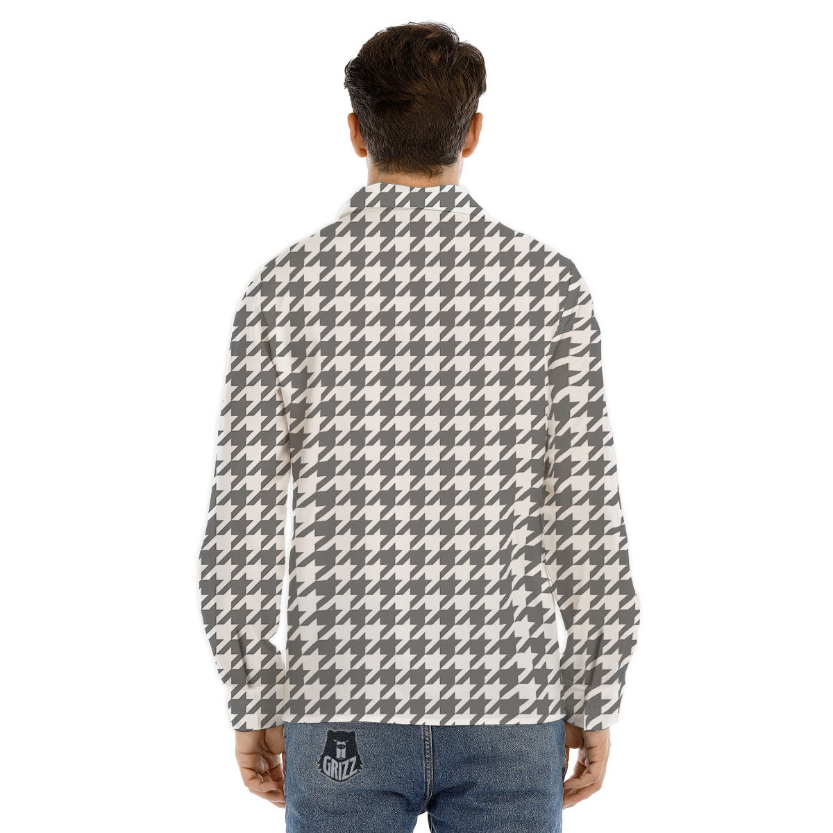 Houndstooth Grey Print Pattern Men's Dress Shirts-grizzshop
