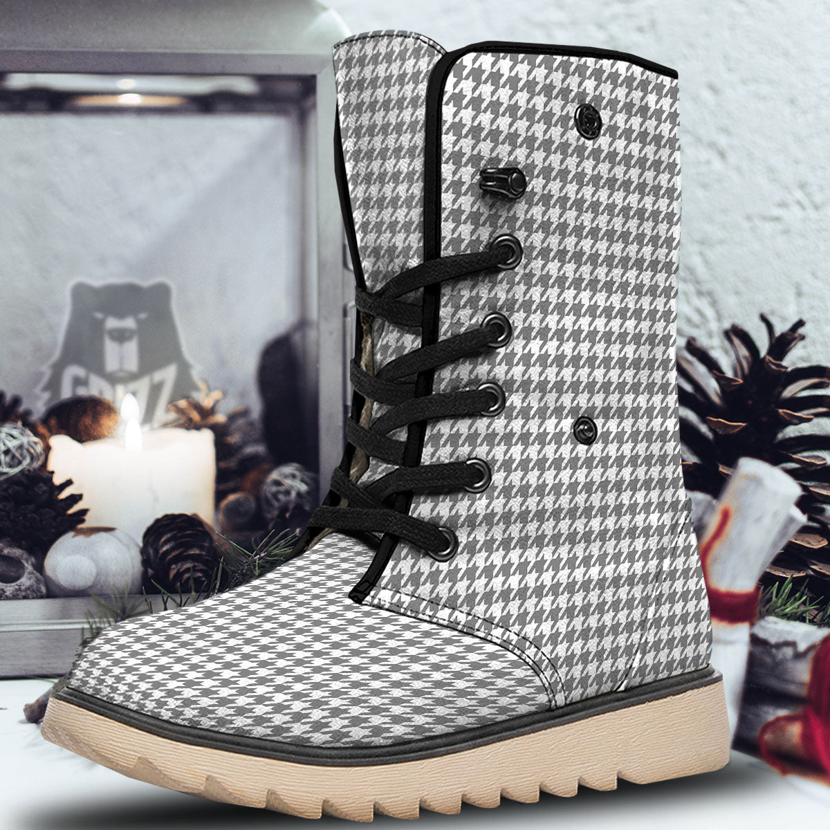 Houndstooth Grey Print Pattern Snow Boots-grizzshop