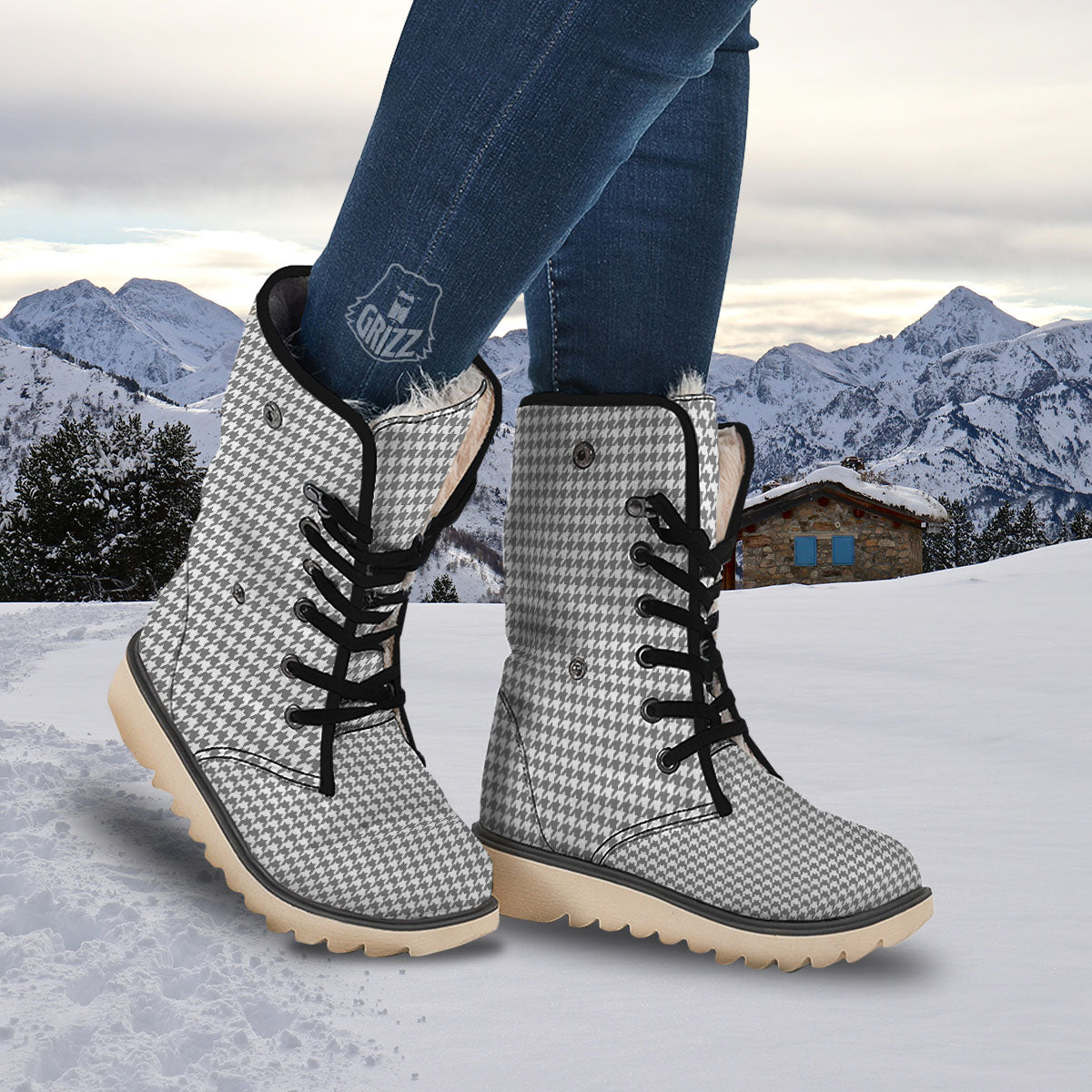 Houndstooth Grey Print Pattern Snow Boots-grizzshop