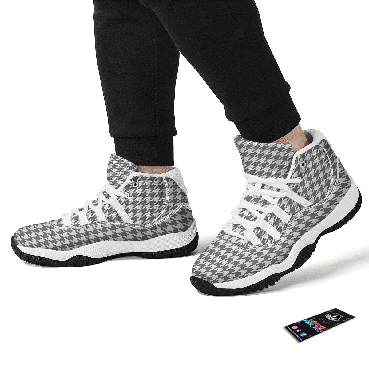 Houndstooth Grey Print Pattern White Bball Shoes-grizzshop