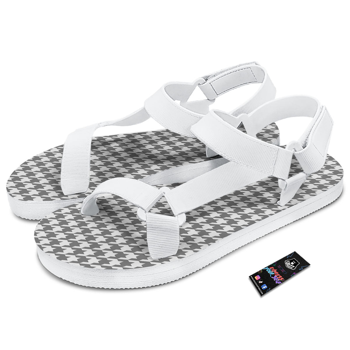 Houndstooth Grey Print Pattern White Open Toe Sandals-grizzshop