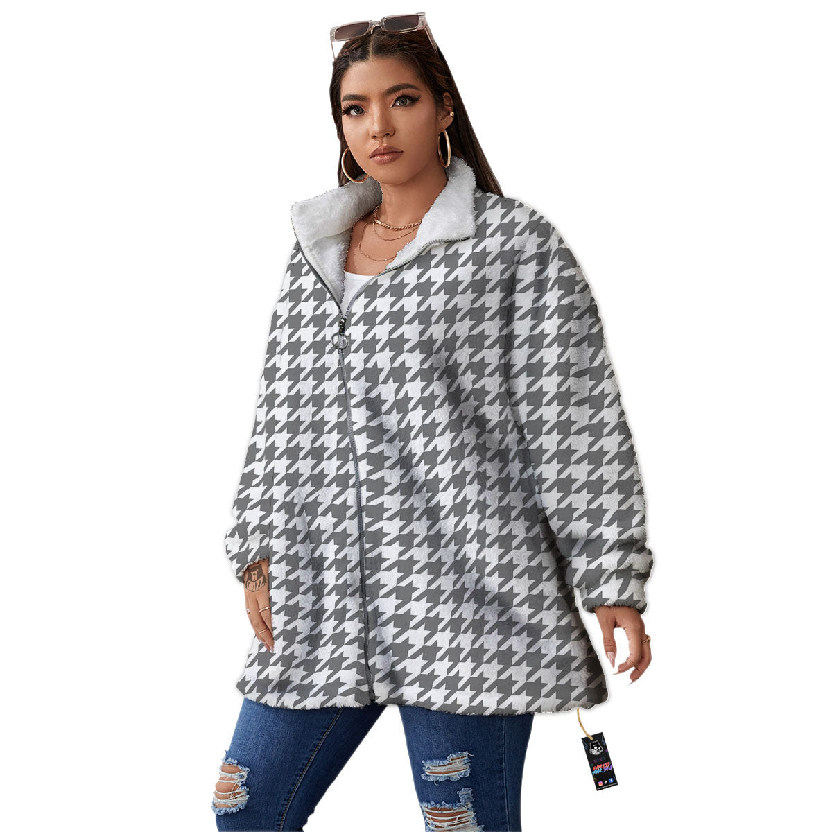 Houndstooth Grey Print Pattern Women's Sherpa Jacket-grizzshop