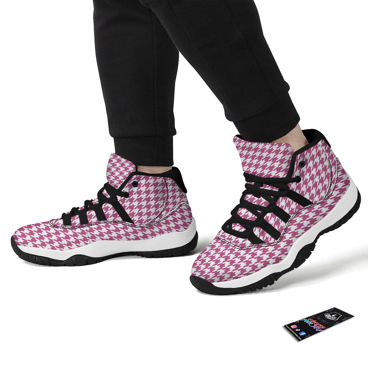 Houndstooth Pink Print Pattern Black Bball Shoes-grizzshop
