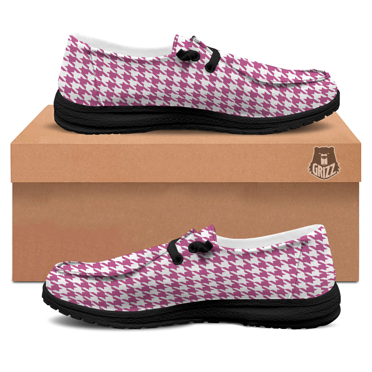 Houndstooth Pink Print Pattern Black Loafers-grizzshop