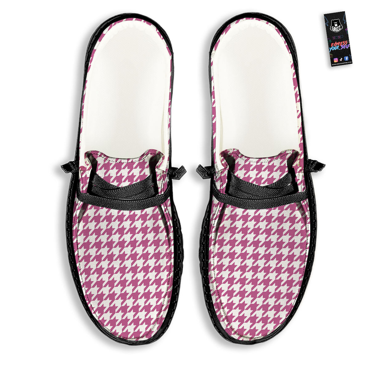 Houndstooth Pink Print Pattern Black Loafers-grizzshop