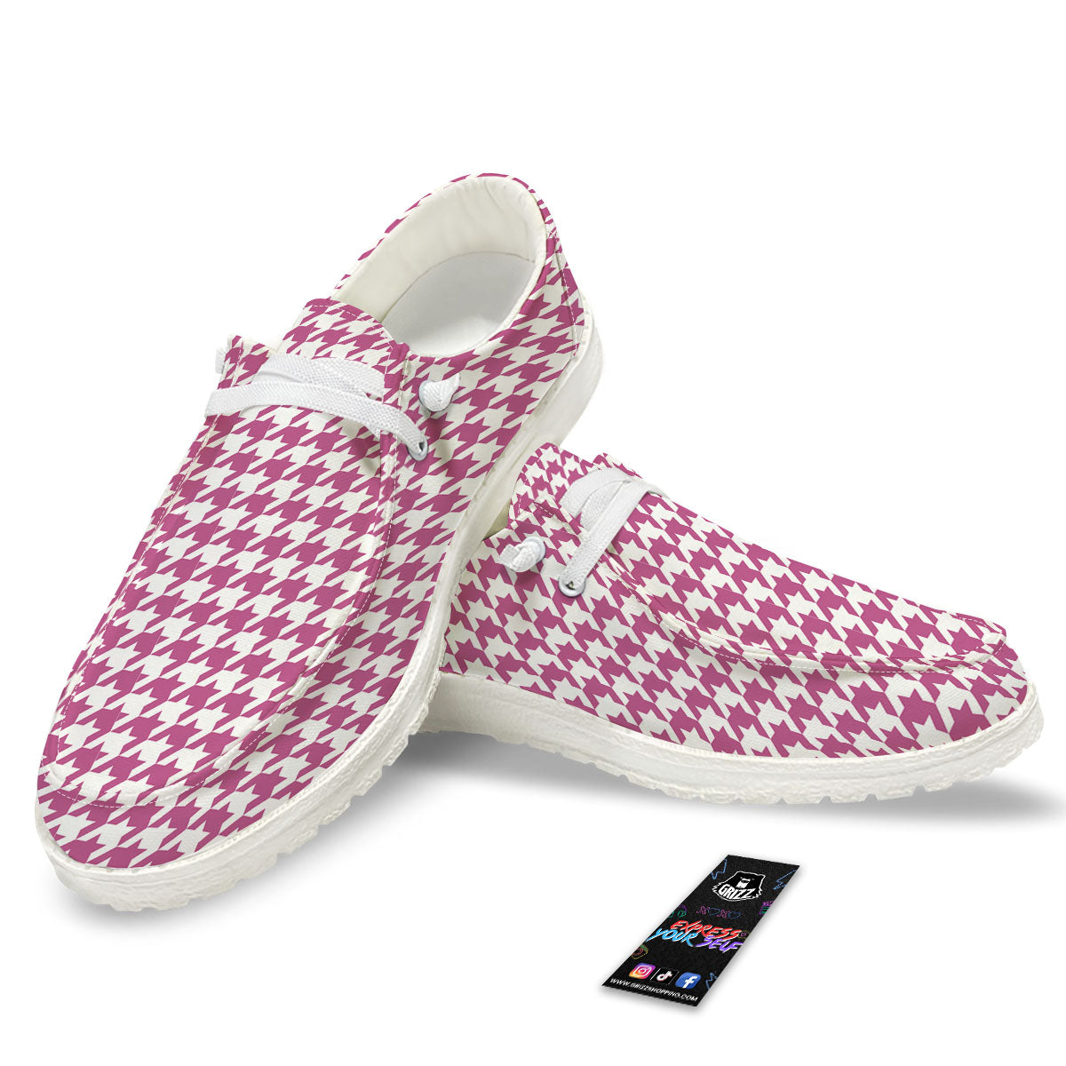 Houndstooth Pink Print Pattern Black Loafers-grizzshop