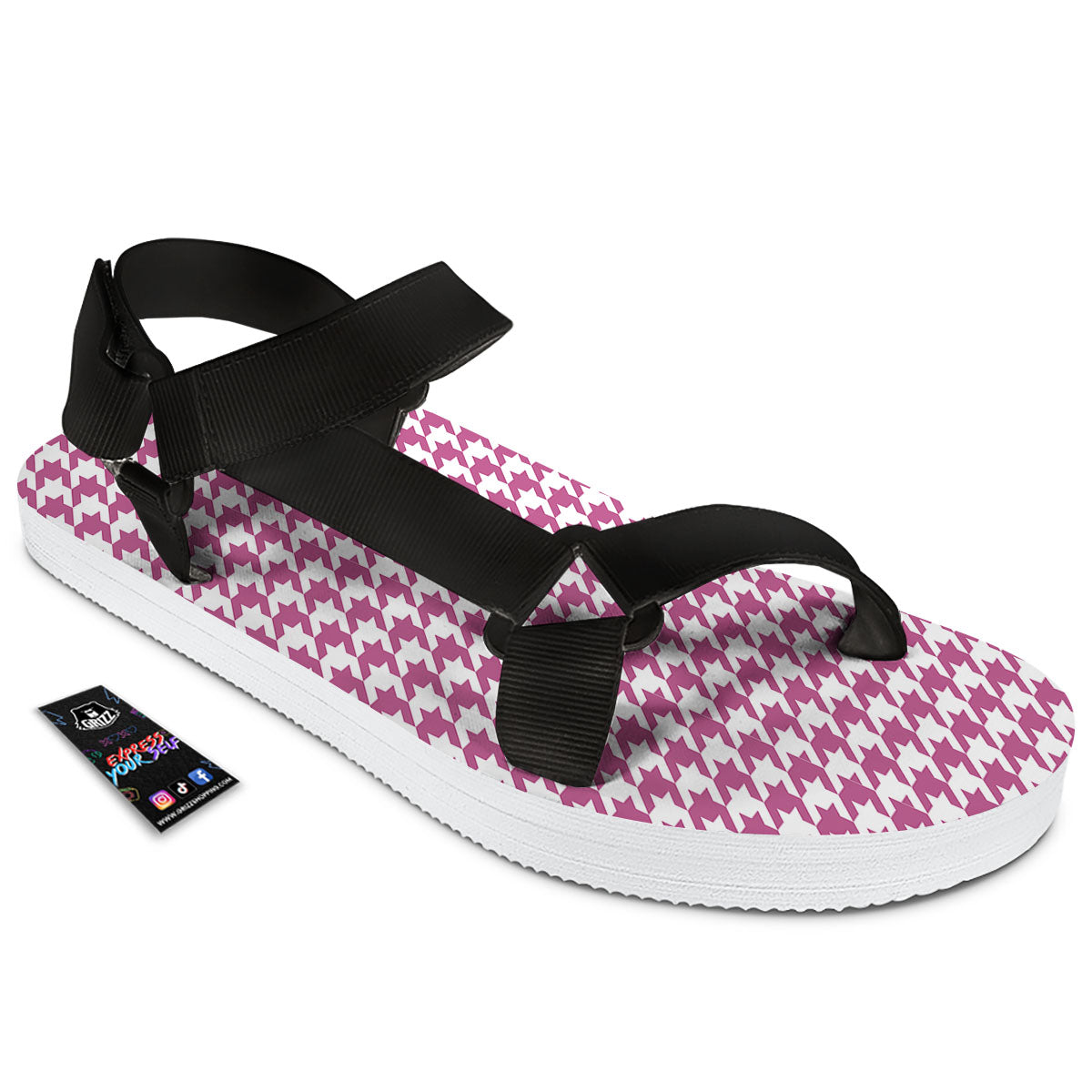 Houndstooth Pink Print Pattern Black Open Toe Sandals-grizzshop