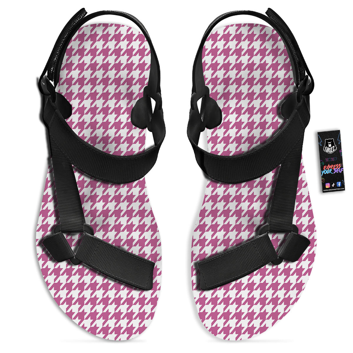 Houndstooth Pink Print Pattern Black Open Toe Sandals-grizzshop