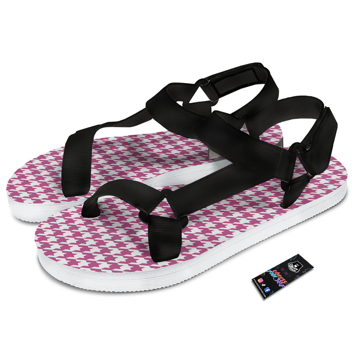 Houndstooth Pink Print Pattern Black Open Toe Sandals-grizzshop