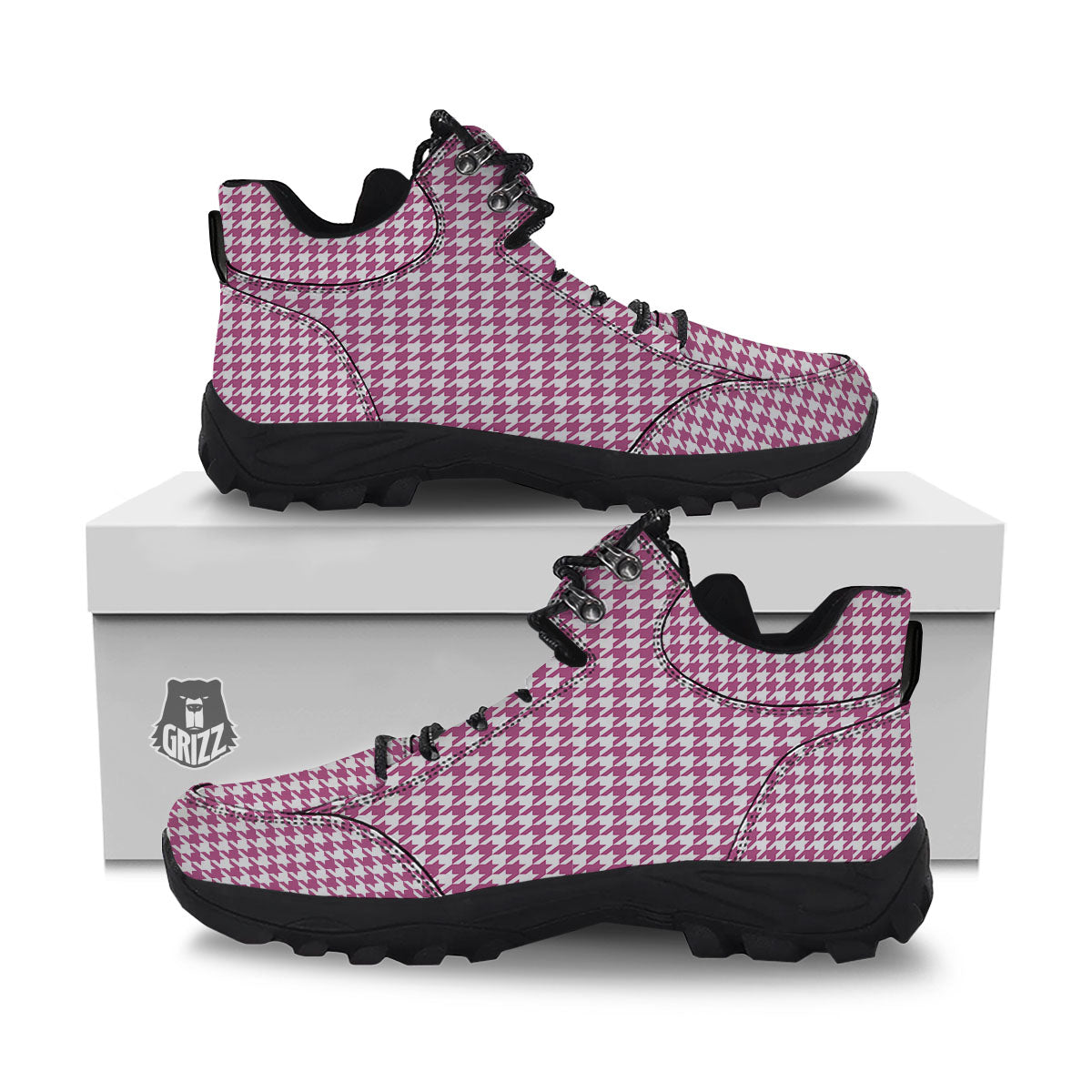 Houndstooth Pink Print Pattern Hiking Shoes-grizzshop