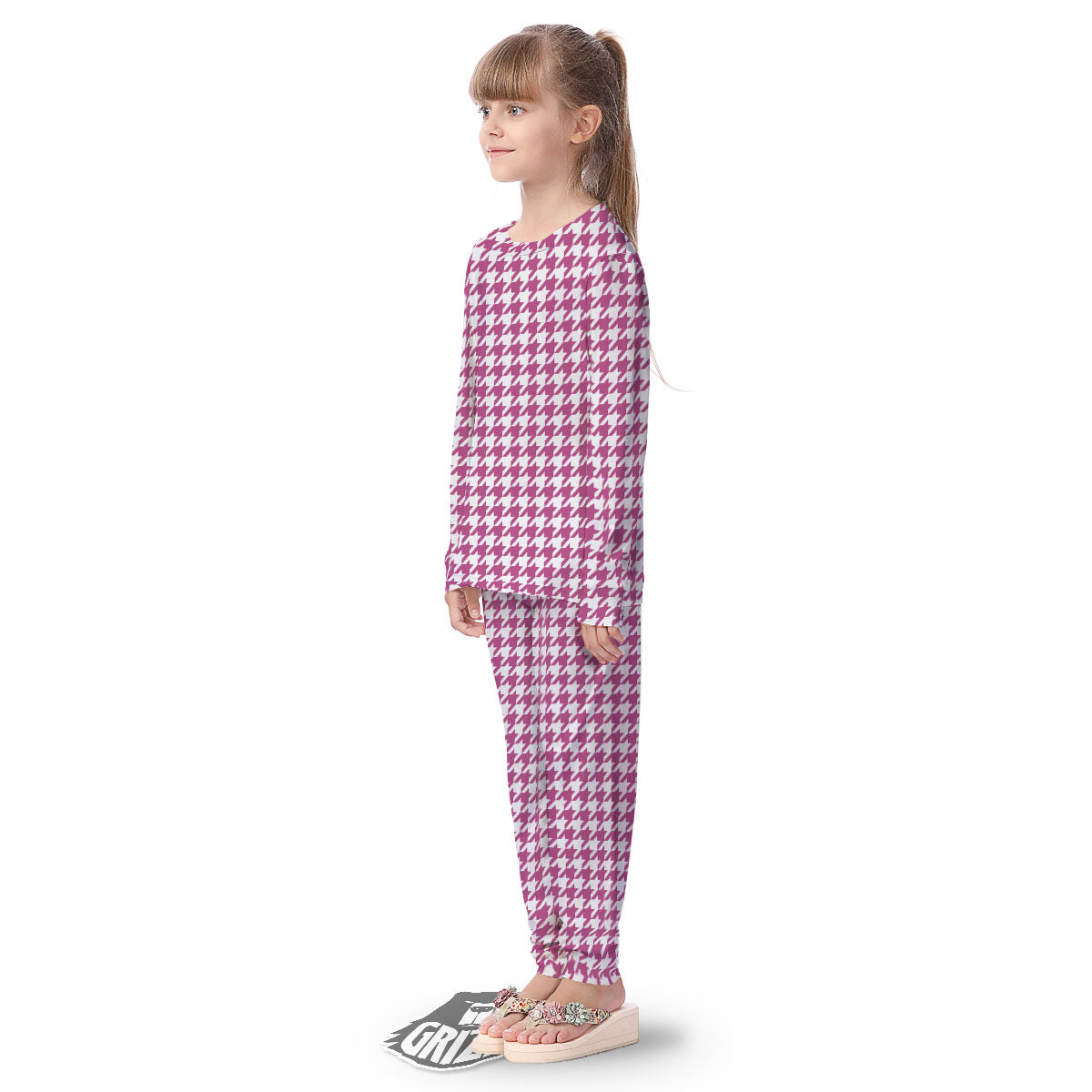 Houndstooth Pink Print Pattern Kid's Pajamas-grizzshop