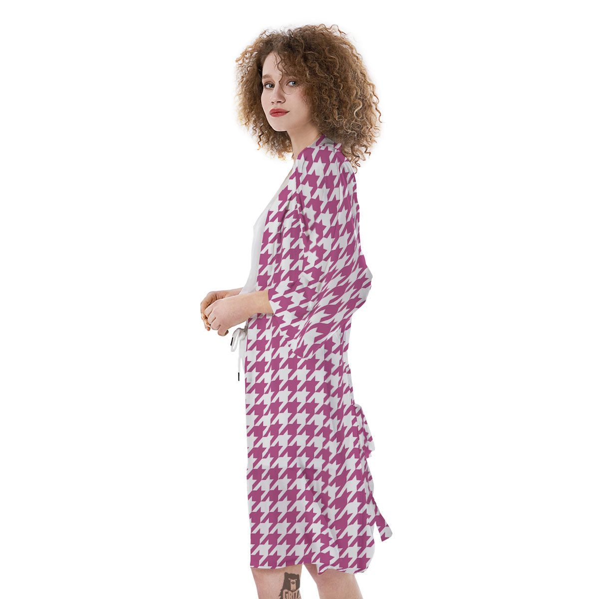 Houndstooth Pink Print Pattern Kimono-grizzshop