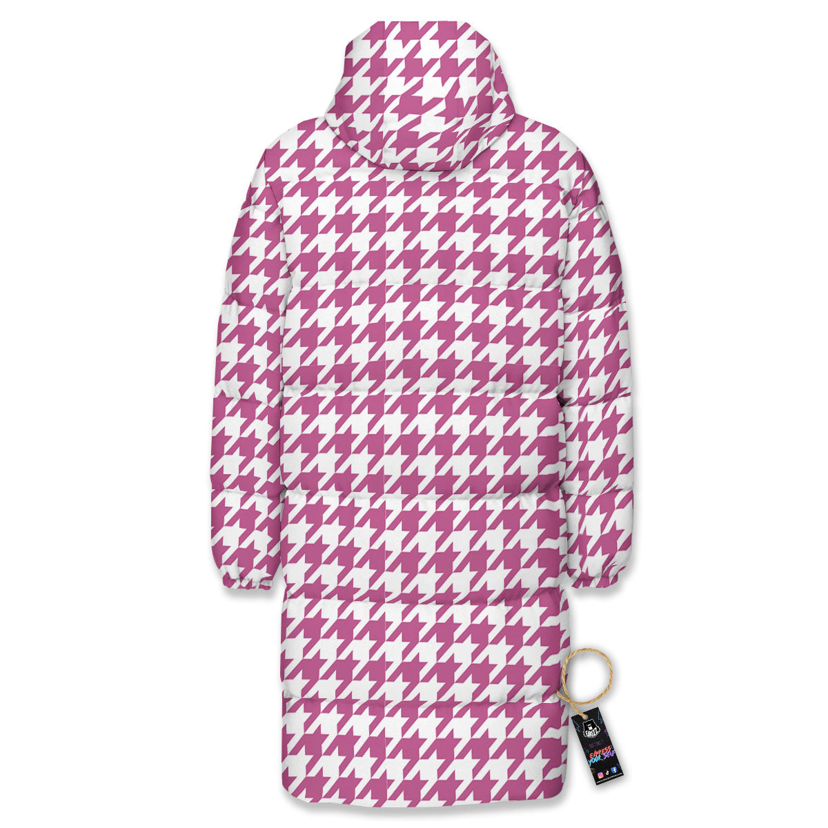 Houndstooth Pink Print Pattern Long Down Jacket-grizzshop