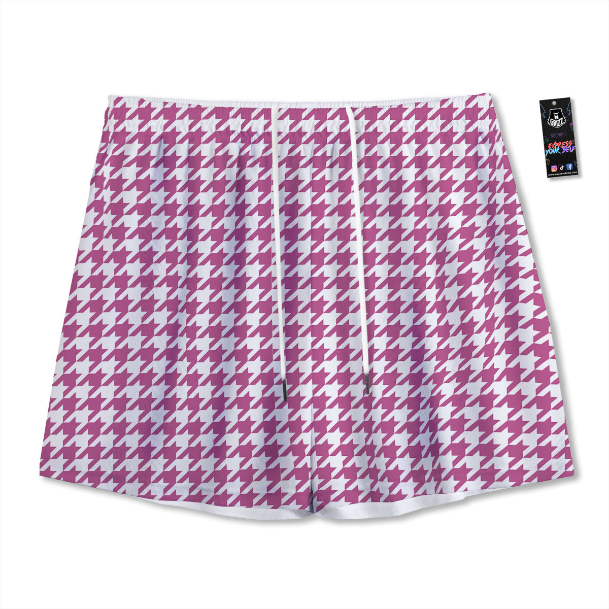 Houndstooth Pink Print Pattern Mesh Shorts-grizzshop