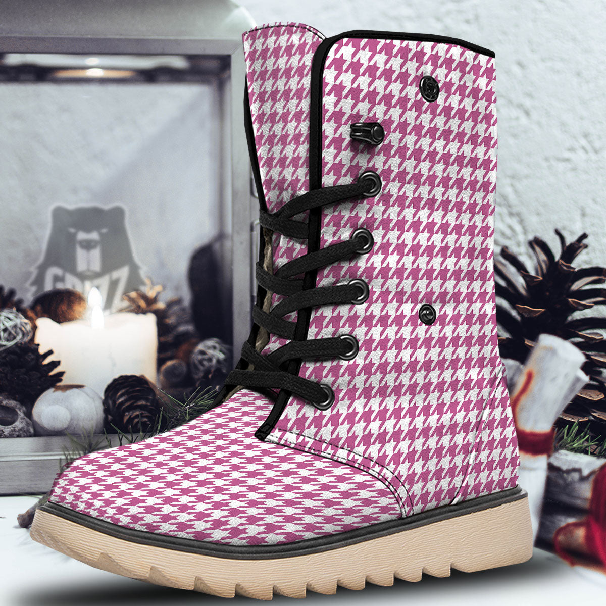 Houndstooth Pink Print Pattern Snow Boots-grizzshop