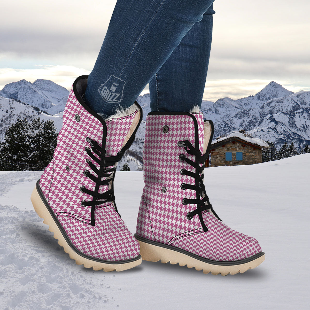 Houndstooth Pink Print Pattern Snow Boots-grizzshop