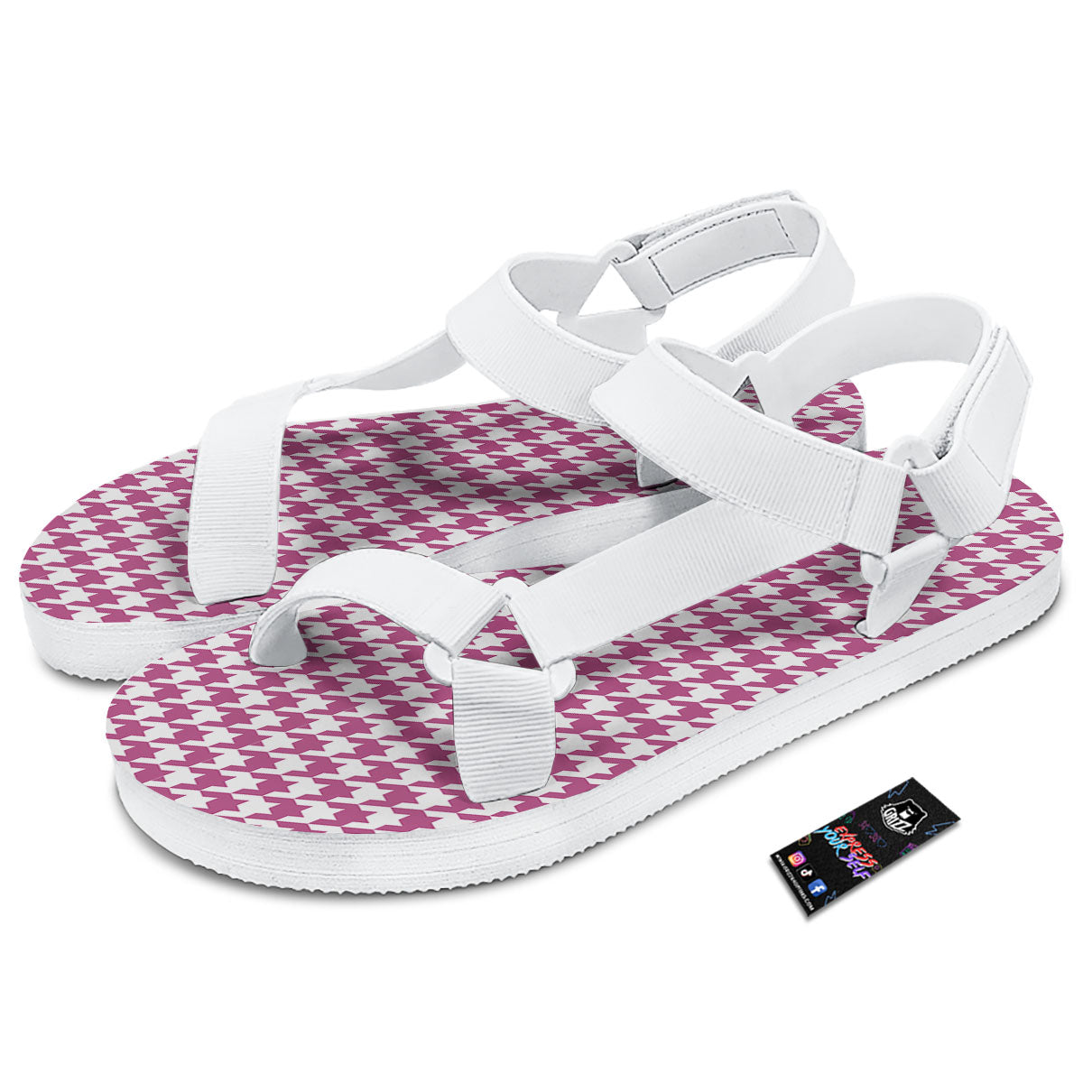 Houndstooth Pink Print Pattern White Open Toe Sandals-grizzshop