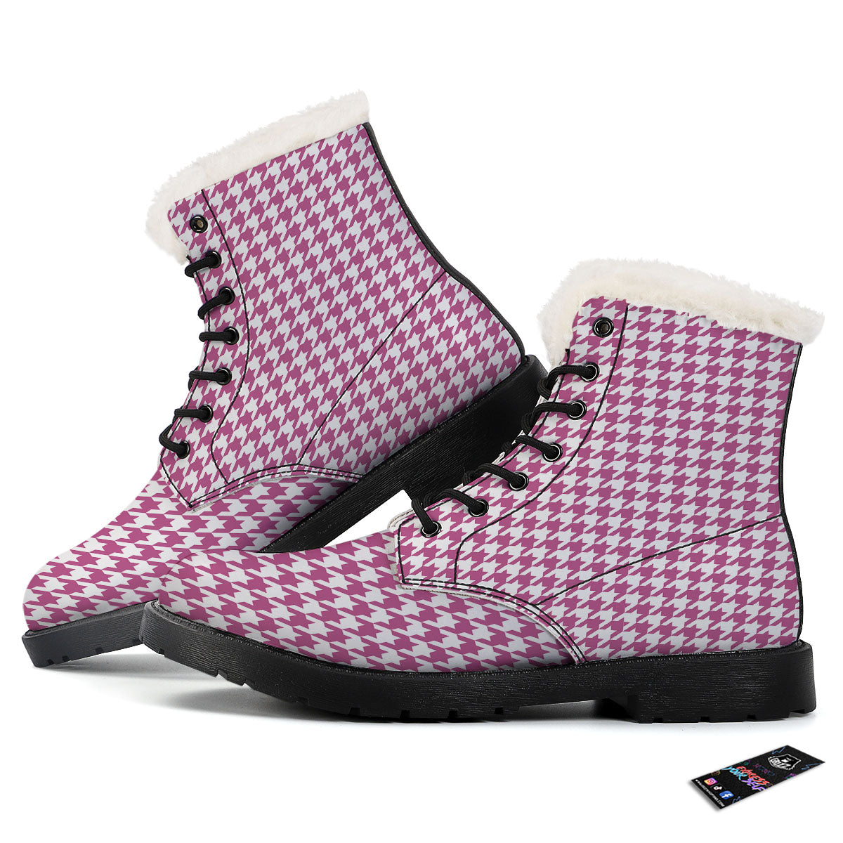 Houndstooth Pink Print Pattern Winter Boots-grizzshop