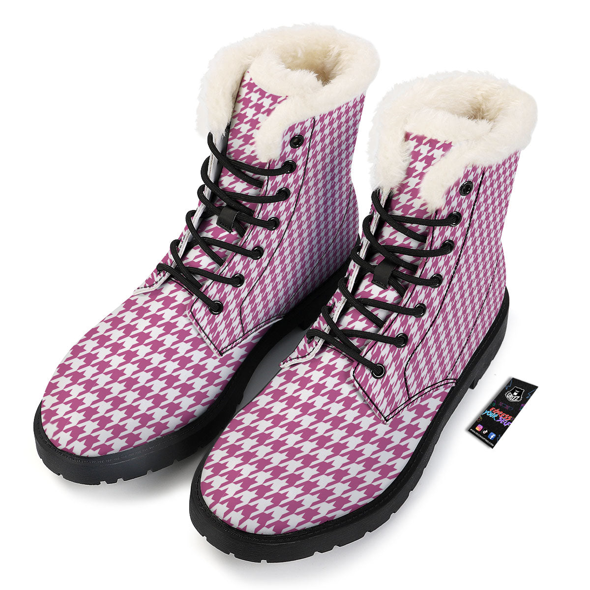 Houndstooth Pink Print Pattern Winter Boots-grizzshop