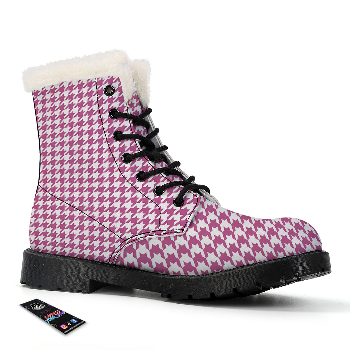 Houndstooth Pink Print Pattern Winter Boots-grizzshop