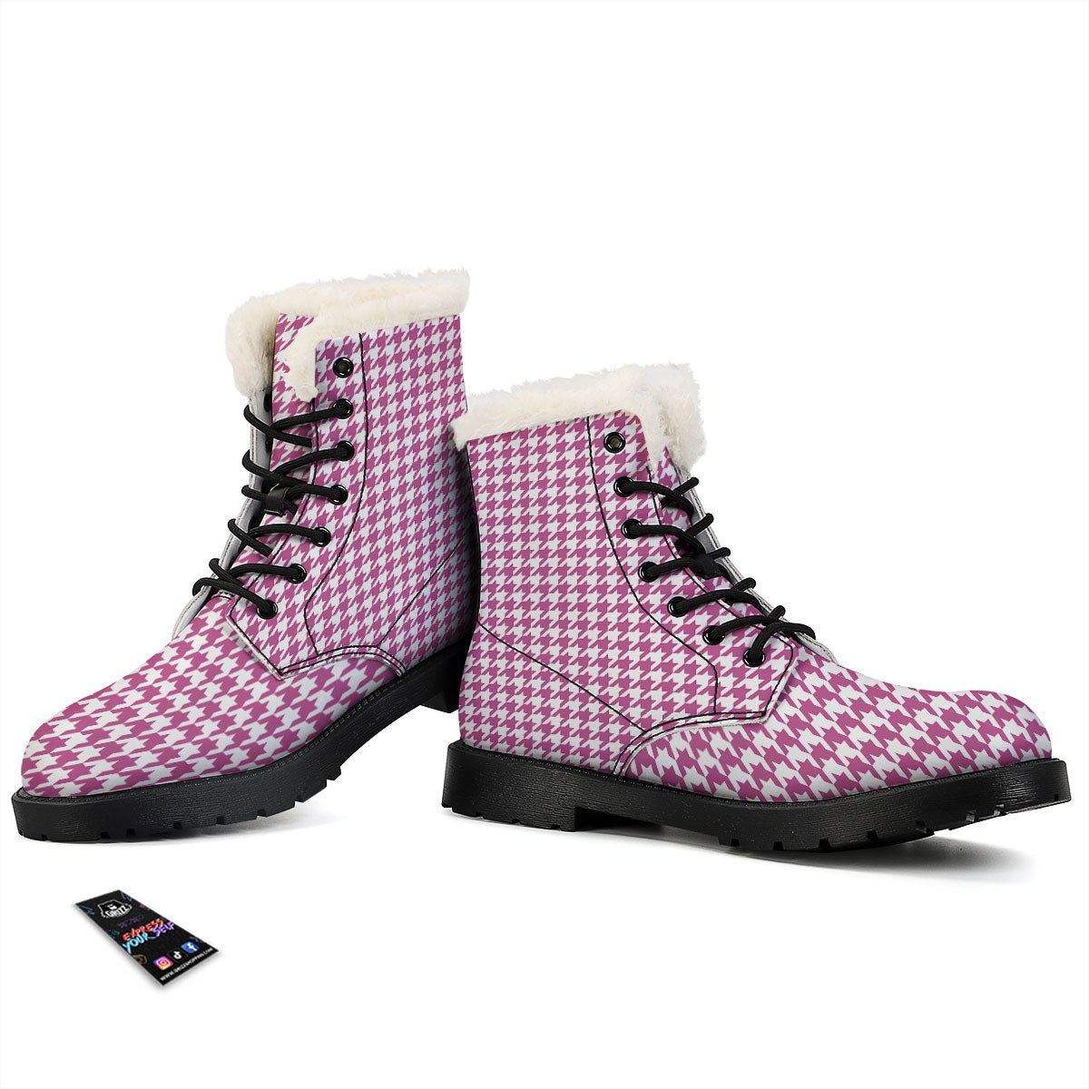 Houndstooth Pink Print Pattern Winter Boots-grizzshop