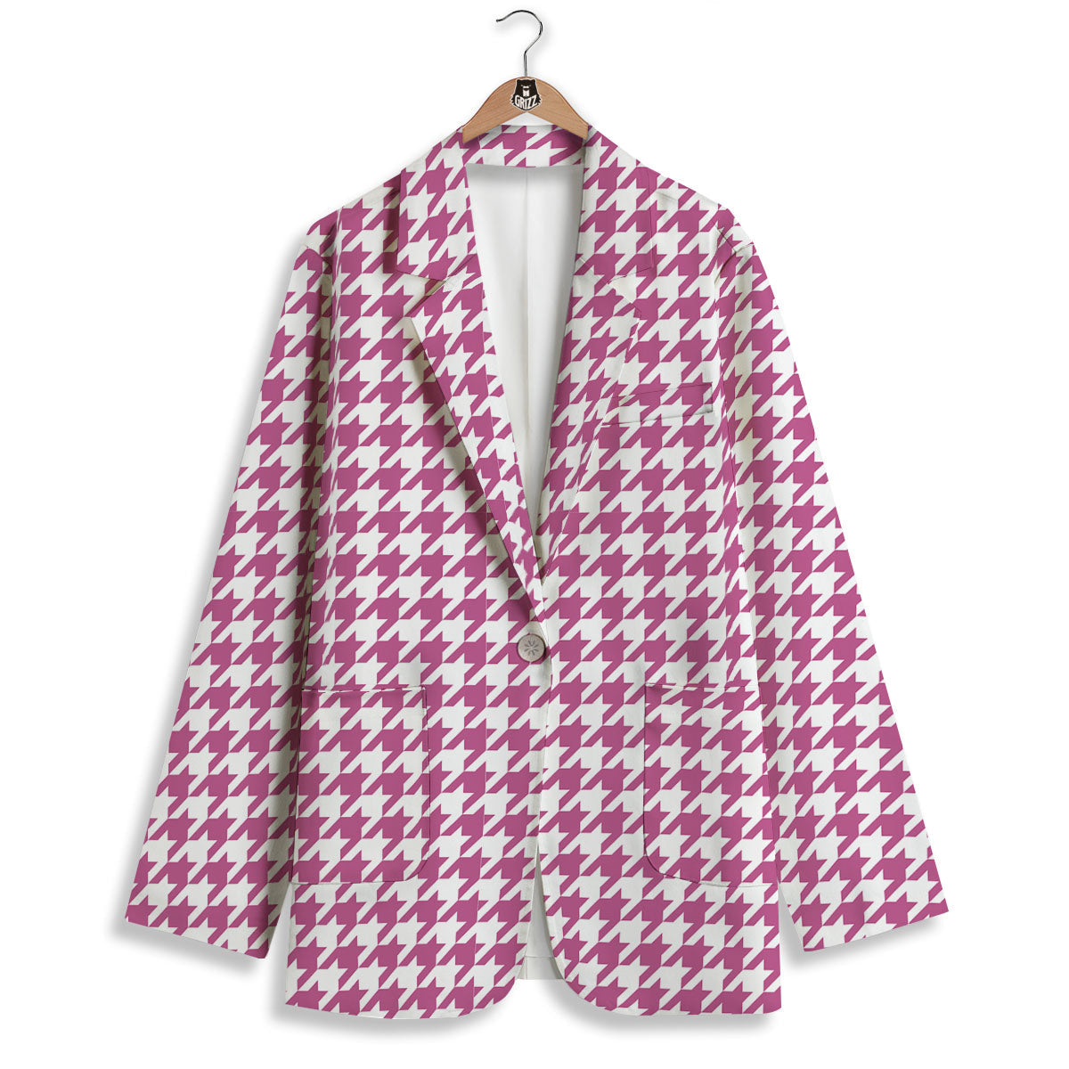 Houndstooth Pink Print Pattern Women's Blazer-grizzshop