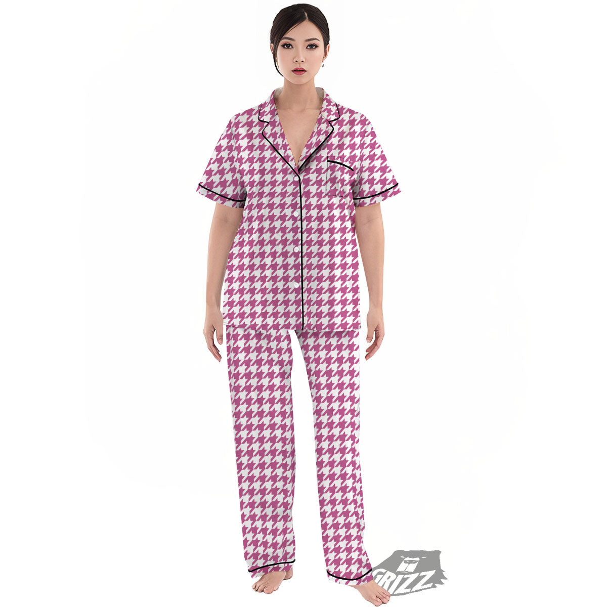 Houndstooth Pink Print Pattern Women's Pajamas Set-grizzshop