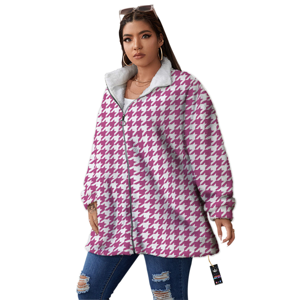 Houndstooth Pink Print Pattern Women's Sherpa Jacket-grizzshop