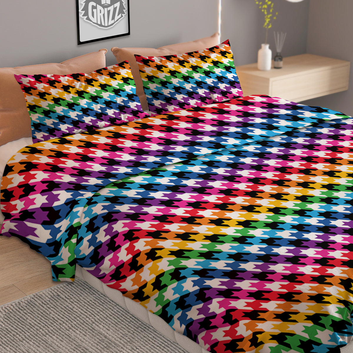 Houndstooth Rainbow Pride Print Pattern Duvet Cover Bedding Set-grizzshop