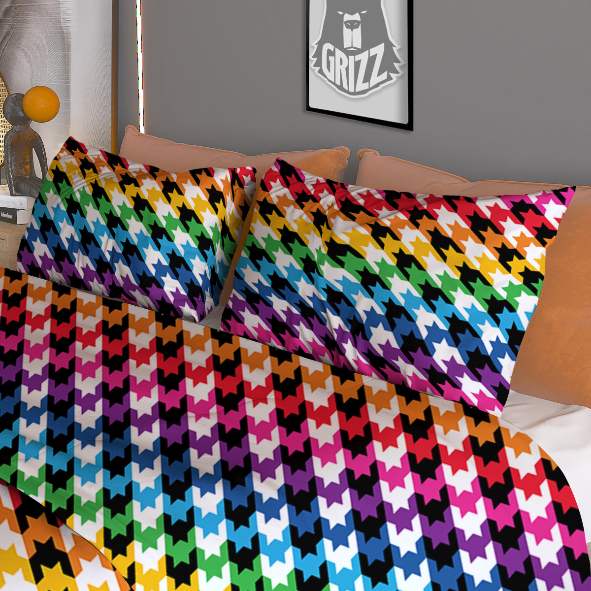 Houndstooth Rainbow Pride Print Pattern Duvet Cover Bedding Set-grizzshop