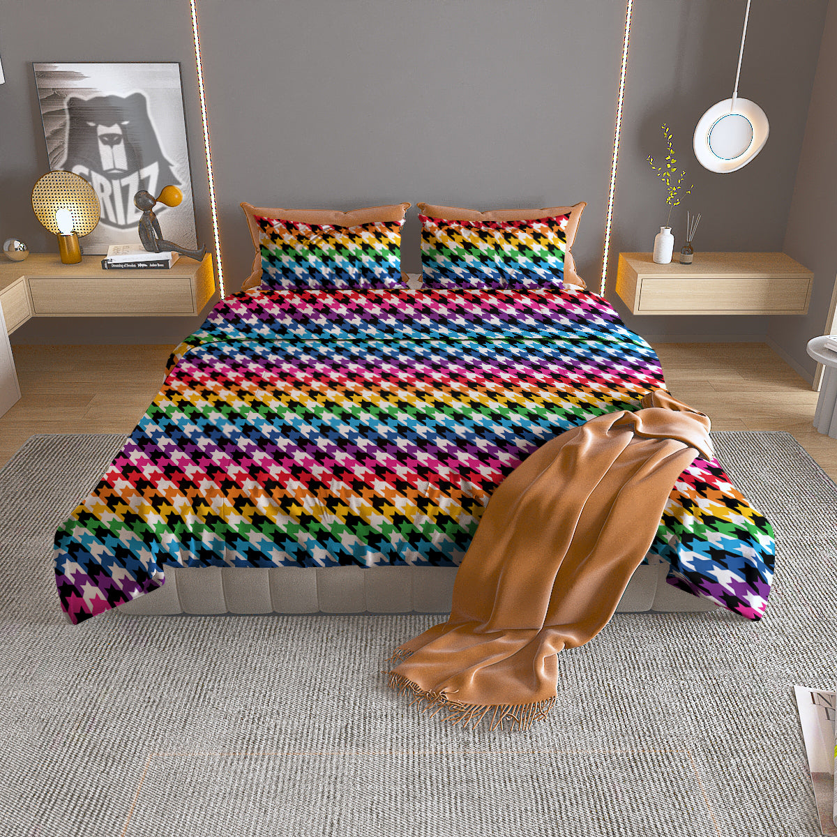 Houndstooth Rainbow Pride Print Pattern Duvet Cover Bedding Set-grizzshop