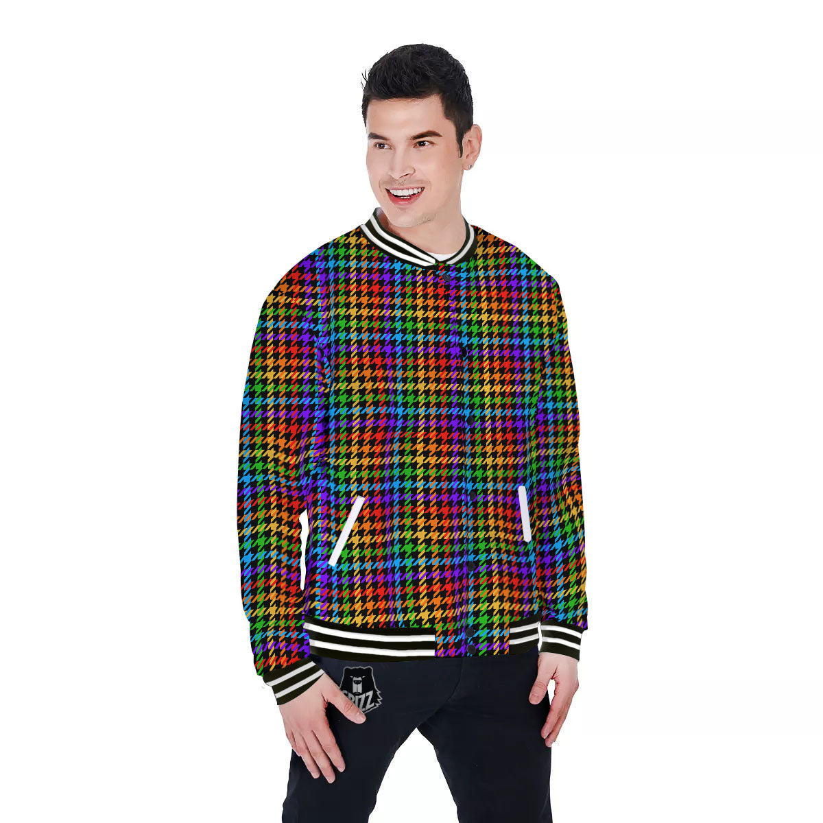 Houndstooth Rainbow Print Pattern Baseball Jacket-grizzshop