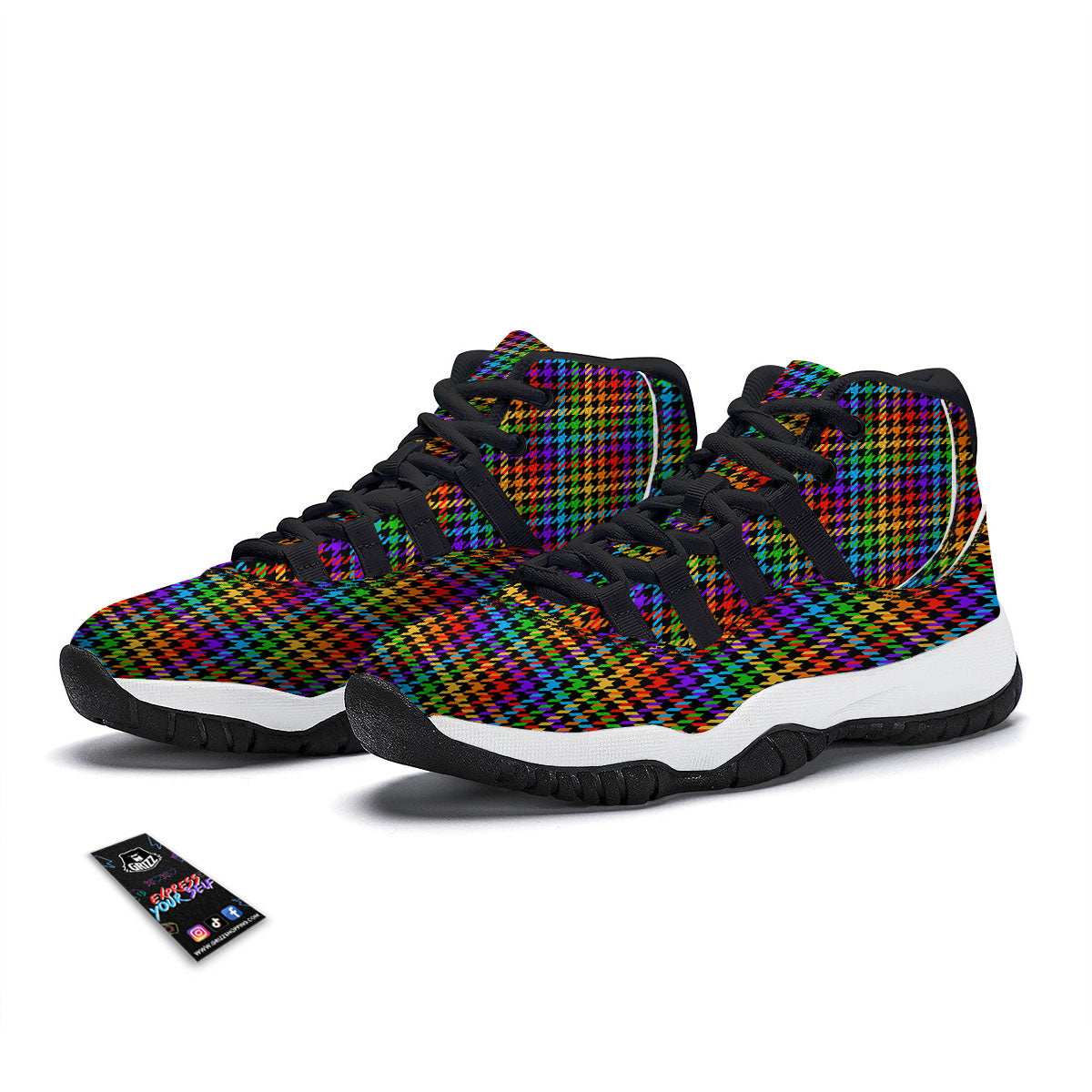 Houndstooth Rainbow Print Pattern Black Bball Shoes-grizzshop