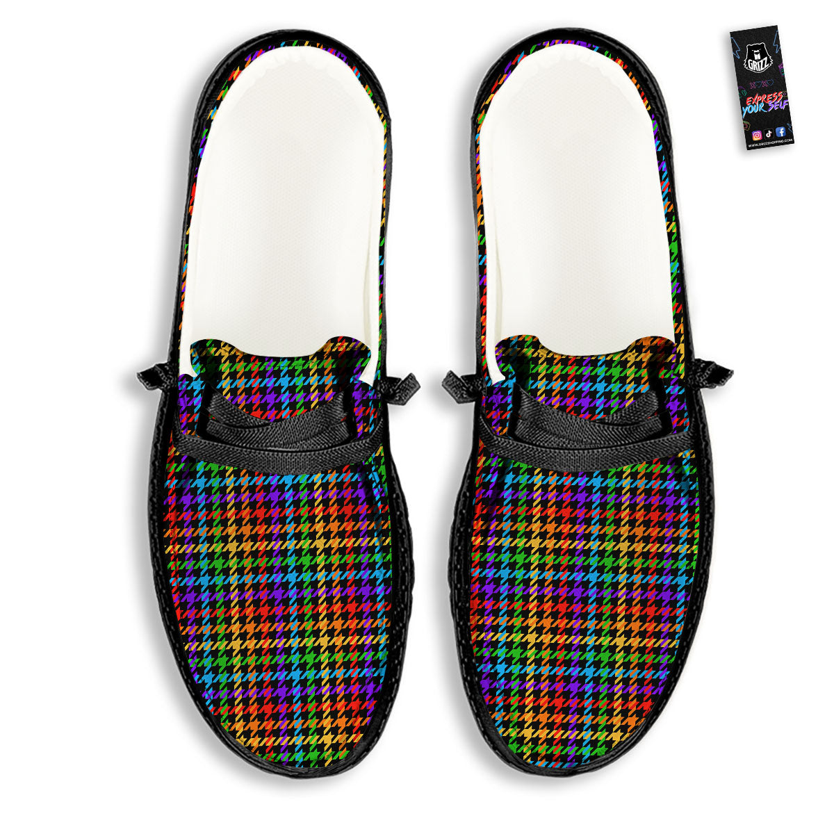 Houndstooth Rainbow Print Pattern Black Loafers-grizzshop