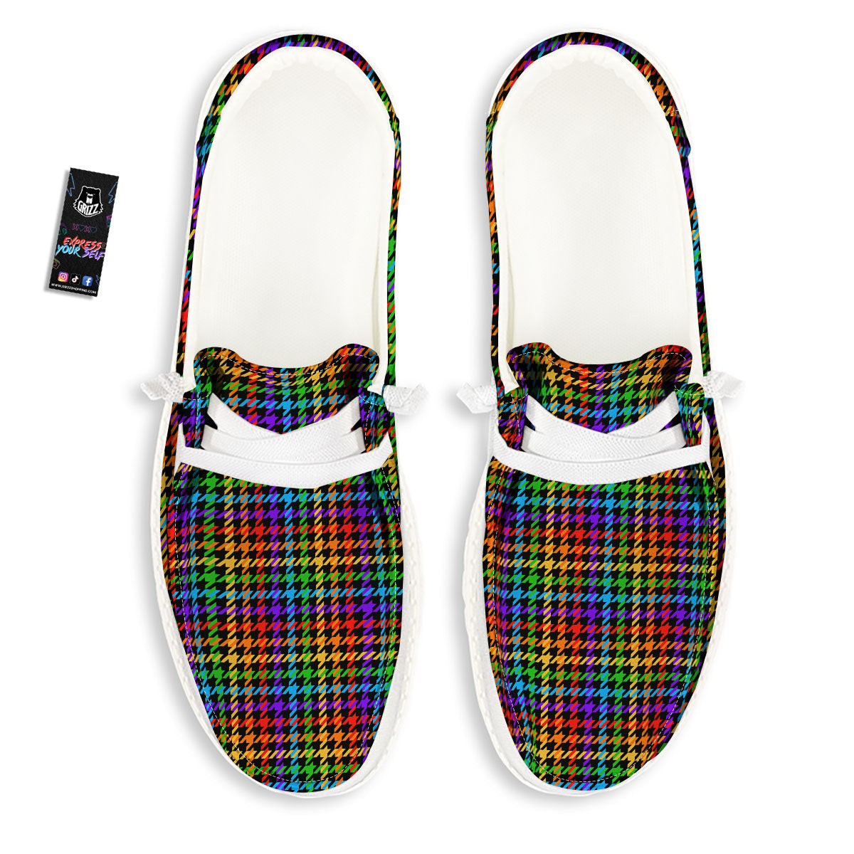 Houndstooth Rainbow Print Pattern Black Loafers-grizzshop